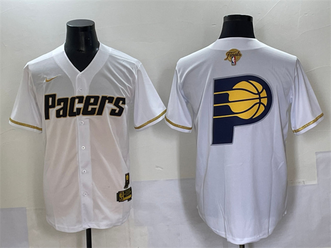 Men's Indiana Pacers Team Big Logo White Gold 2025 Finals Vapor Stitched Baseball Jersey Men's Indiana Pacers Team Big Logo White Gold 2025 Finals Vapor Stitched Baseball Jersey