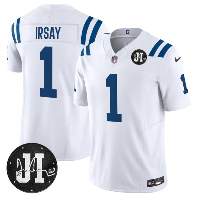 Men's Indianapolis Colts #1 Jim Irsay White 2025 F.U.S.E. Jim Irsay Patch Vapor Limited Stitched Football Jersey Men's Indianapolis Colts #1 Jim Irsay White 2025 F.U.S.E. Jim Irsay Patch Vapor Limited Stitched Football Jersey