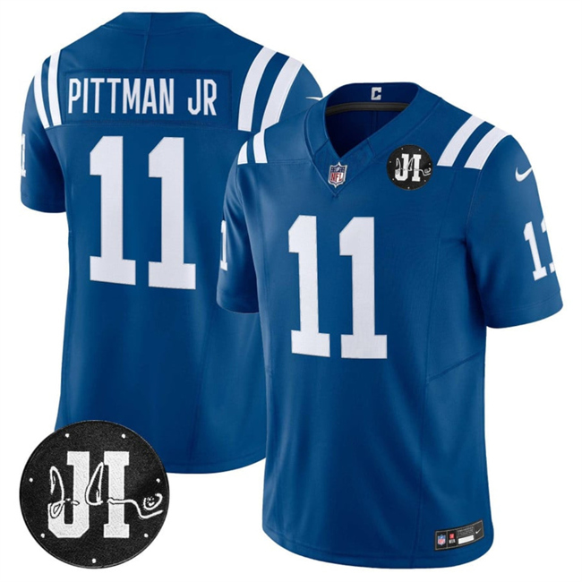 Men's Indianapolis Colts #11 Michael Pittman Jr. Blue 2025 F.U.S.E. Jim Irsay Patch Vapor Limited Stitched Football Jersey Men's Indianapolis Colts #11 Michael Pittman Jr. Blue 2025 F.U.S.E. Jim Irsay Patch Vapor Limited Stitched Football Jersey