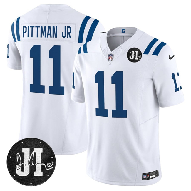 Men's Indianapolis Colts #11 Michael Pittman Jr. White 2025 F.U.S.E. Jim Irsay Patch Vapor Limited Stitched Football Jersey Men's Indianapolis Colts #11 Michael Pittman Jr. White 2025 F.U.S.E. Jim Irsay Patch Vapor Limited Stitched Football Jersey