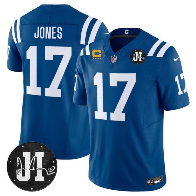 Men's Indianapolis Colts #17 Daniel Jones Blue 2025 F.U.S.E. With 4-Star C Patch And Jim Irsay Patch Vapor Limited Stitched Football Jersey Men's Indianapolis Colts #17 Daniel Jones Blue 2025 F.U.S.E. With 4-Star C Patch And Jim Irsay Patch Vapor Limited Stitched Football Jersey