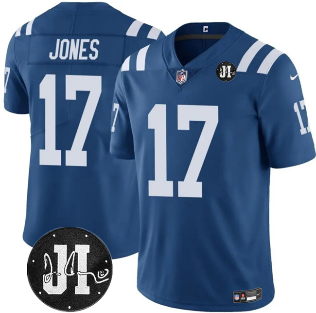 Men's Indianapolis Colts #17 Daniel Jones Blue Jim Irsay Patch Vapor Stitched Jersey Men's Indianapolis Colts #17 Daniel Jones Blue Jim Irsay Patch Vapor Stitched Jersey