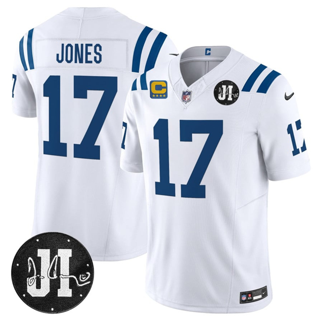 Men's Indianapolis Colts #17 Daniel Jones White 2025 F.U.S.E. With 4-Star C Patch And Jim Irsay Patch Vapor Limited Stitched Football Jersey Men's Indianapolis Colts #17 Daniel Jones White 2025 F.U.S.E. With 4-Star C Patch And Jim Irsay Patch Vapor Limited Stitched Football Jersey