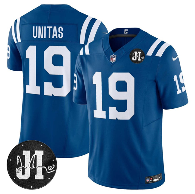 Men's Indianapolis Colts #19 Johnny Unitas Blue 2025 F.U.S.E. Jim Irsay Patch Vapor Limited Stitched Football Jersey Men's Indianapolis Colts #19 Johnny Unitas Blue 2025 F.U.S.E. Jim Irsay Patch Vapor Limited Stitched Football Jersey