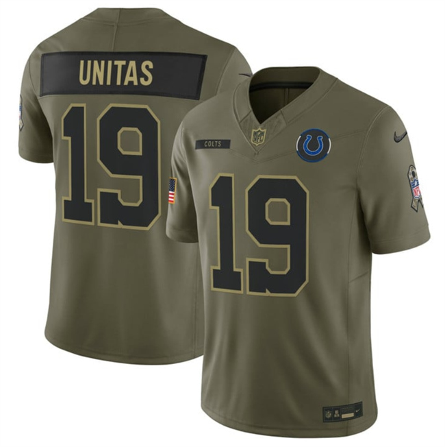 Men's Indianapolis Colts #19 Johnny Unitas Olive 2025 F.U.S.E. Salute to Service Limited Stitched Football Jersey Men's Indianapolis Colts #19 Johnny Unitas Olive 2025 F.U.S.E. Salute to Service Limited Stitched Football Jersey