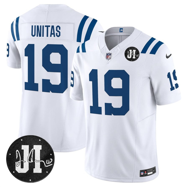 Men's Indianapolis Colts #19 Johnny Unitas White 2025 F.U.S.E. Jim Irsay Patch Vapor Limited Stitched Football Jersey Men's Indianapolis Colts #19 Johnny Unitas White 2025 F.U.S.E. Jim Irsay Patch Vapor Limited Stitched Football Jersey