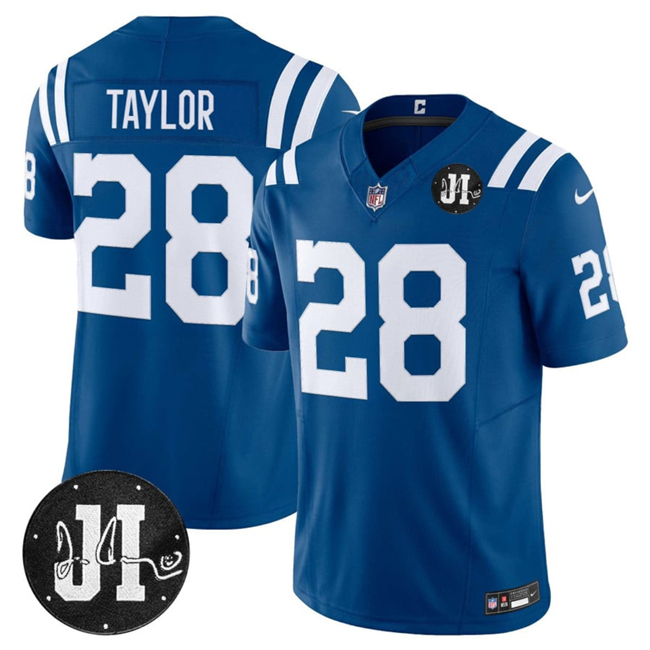 Men's Indianapolis Colts #28 Jonathan Taylor Blue 2025 F.U.S.E. Jim Irsay Patch Vapor Limited Stitched Football Jersey Men's Indianapolis Colts #28 Jonathan Taylor Blue 2025 F.U.S.E. Jim Irsay Patch Vapor Limited Stitched Football Jersey