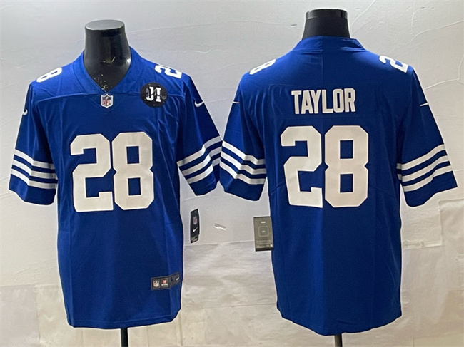 Men's Indianapolis Colts #28 Jonathan Taylor Blue Jim Irsay Patch Vapor Limited Stitched Football Jersey Men's Indianapolis Colts #28 Jonathan Taylor Blue Jim Irsay Patch Vapor Limited Stitched Football Jersey