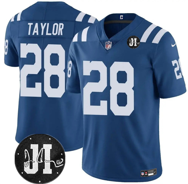 Men's Indianapolis Colts #28 Jonathan Taylor Blue Jim Irsay Patch Vapor Stitched Jersey Men's Indianapolis Colts #28 Jonathan Taylor Blue Jim Irsay Patch Vapor Stitched Jersey