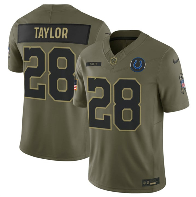 Men's Indianapolis Colts #28 Jonathan Taylor Olive 2025 F.U.S.E. Salute to Service Limited Stitched Football Jersey Men's Indianapolis Colts #28 Jonathan Taylor Olive 2025 F.U.S.E. Salute to Service Limited Stitched Football Jersey