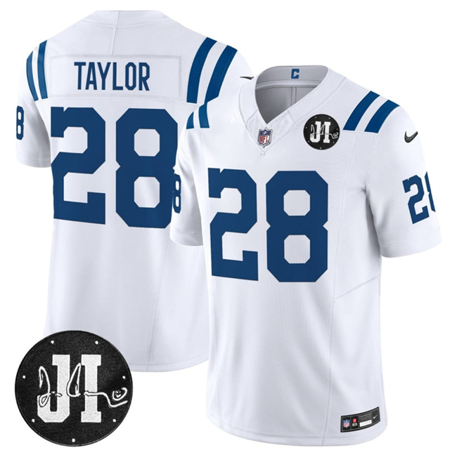 Men's Indianapolis Colts #28 Jonathan Taylor White 2025 F.U.S.E. Jim Irsay Patch Vapor Limited Stitched Football Jersey Men's Indianapolis Colts #28 Jonathan Taylor White 2025 F.U.S.E. Jim Irsay Patch Vapor Limited Stitched Football Jersey