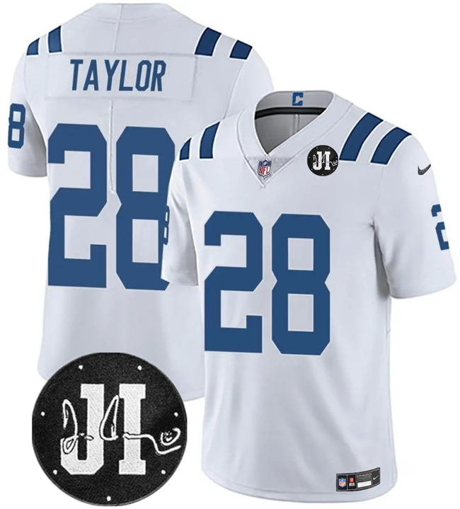 Men's Indianapolis Colts #28 Jonathan Taylor White Jim Irsay Patch Vapor Limited Stitched Football Jersey Men's Indianapolis Colts #28 Jonathan Taylor White Jim Irsay Patch Vapor Limited Stitched Football Jersey