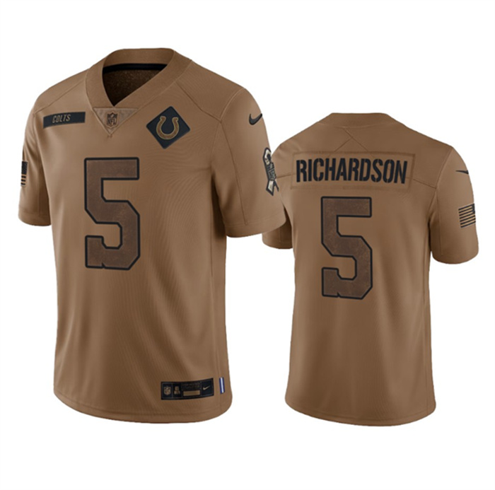 Men's Indianapolis Colts #5 Anthony Richardson 2023 Brown Salute To Sertvice Stitched Football Jersey Men's Indianapolis Colts #5 Anthony Richardson 2023 Brown Salute To Sertvice Stitched Football Jersey