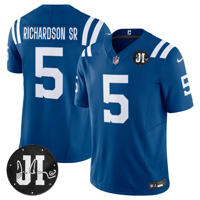 Men's Indianapolis Colts #5 Anthony Richardson Blue 2025 F.U.S.E. Jim Irsay Patch Vapor Limited Stitched Football Jerse Men's Indianapolis Colts #5 Anthony Richardson Blue 2025 F.U.S.E. Jim Irsay Patch Vapor Limited Stitched Football Jerse