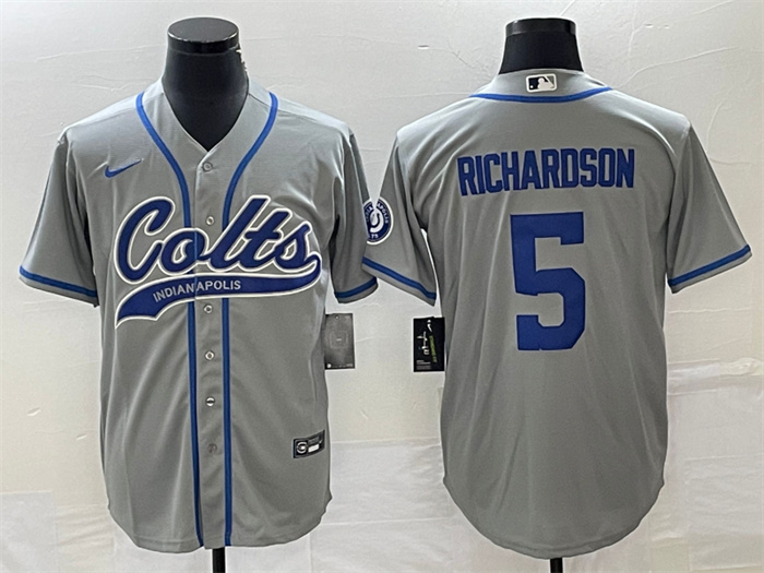 Men's Indianapolis Colts #5 Anthony Richardson Gray Cool Base Stitched Baseball Jersey Men's Indianapolis Colts #5 Anthony Richardson Gray Cool Base Stitched Baseball Jersey