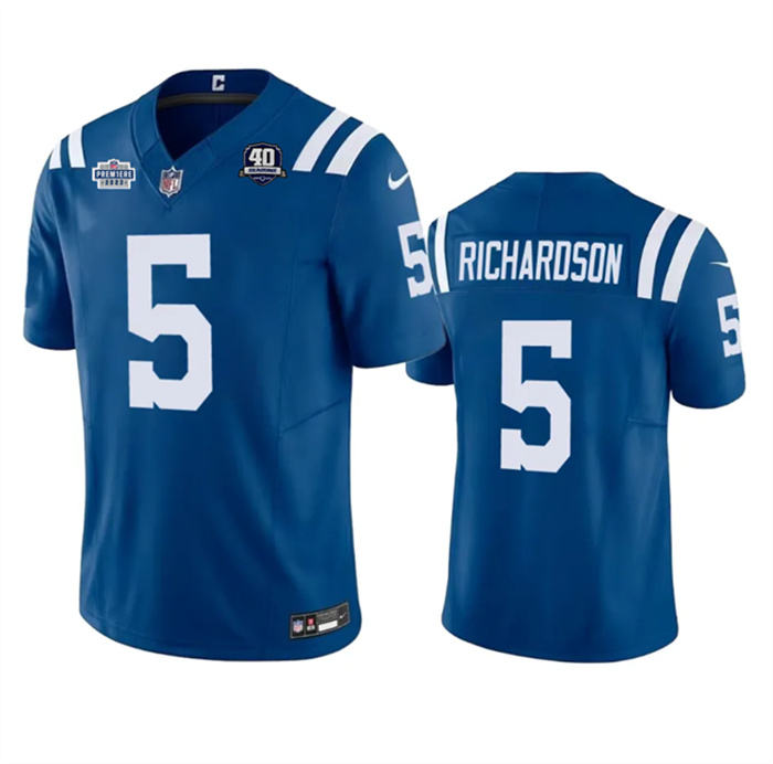 Men's Indianapolis Colts #5 Anthony Richardson Royal 2023 F.U.S.E. With Prem1ere Patch 40th Anniversary Vapor Untouchable Limited Stitched Football Jersey Men's Indianapolis Colts #5 Anthony Richardson Royal 2023 F.U.S.E. With Prem1ere Patch 40th Anniversary Vapor Untouchable Limited Stitched Football Jersey