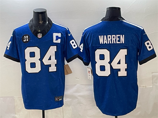 Men's Indianapolis Colts #84 Tyler Warren Blue 2025 F.U.S.E. Jim Irsay Patch Throwback Vapor Limited Stitched Football Jersey Men's Indianapolis Colts #84 Tyler Warren Blue 2025 F.U.S.E. Jim Irsay Patch Throwback Vapor Limited Stitched Football Jersey