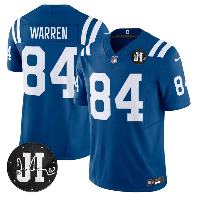 Men's Indianapolis Colts #84 Tyler Warren Blue 2025 F.U.S.E. Jim Irsay Patch Vapor Limited Stitched Football Jersey Men's Indianapolis Colts #84 Tyler Warren Blue 2025 F.U.S.E. Jim Irsay Patch Vapor Limited Stitched Football Jersey