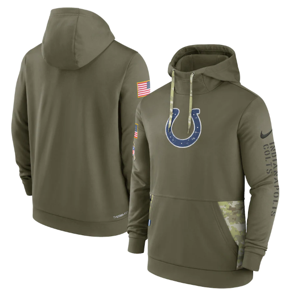 Men's Indianapolis Colts 2022 Olive Salute To Service Therma Performance Pullover Hoodie Men's Indianapolis Colts 2022 Olive Salute To Service Therma Performance Pullover Hoodie