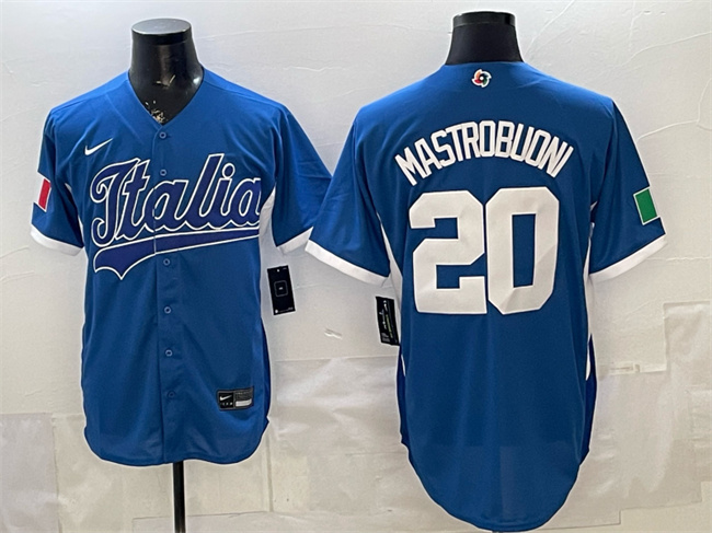 Men's Italy Baseball #20 Miles Mastrobuoni Blue 2026 World Baseball Classic Home Stadium Stitched Jersey Men's Italy Baseball #20 Miles Mastrobuoni Blue 2026 World Baseball Classic Home Stadium Stitched Jersey