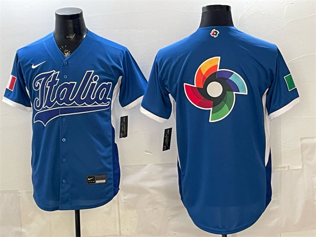 Men's Italy Baseball Blue 2026 World Baseball Classic Big Logo Home Stadium Stitched Jersey Men's Italy Baseball Blue 2026 World Baseball Classic Big Logo Home Stadium Stitched Jersey
