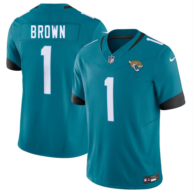Men's Jacksonville Jaguars #1 Montaric Brown Teal 2026 F.U.S.E. Vapor Untouchable Limited Stitched Jersey Men's Jacksonville Jaguars #1 Montaric Brown Teal 2026 F.U.S.E. Vapor Untouchable Limited Stitched Jersey