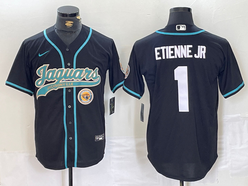 Men's Jacksonville Jaguars #1 Travis Etienne Jr. Black With Patch Cool Base Stitched Baseball Jersey 1 Men's Jacksonville Jaguars #1 Travis Etienne Jr. Black With Patch Cool Base Stitched Baseball Jersey 1