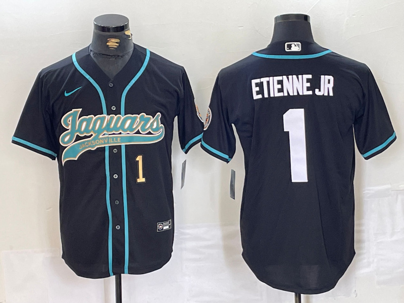 Men's Jacksonville Jaguars #1 Travis Etienne Jr. Black With Patch Cool Base Stitched Baseball Jersey 2 Men's Jacksonville Jaguars #1 Travis Etienne Jr. Black With Patch Cool Base Stitched Baseball Jersey 2
