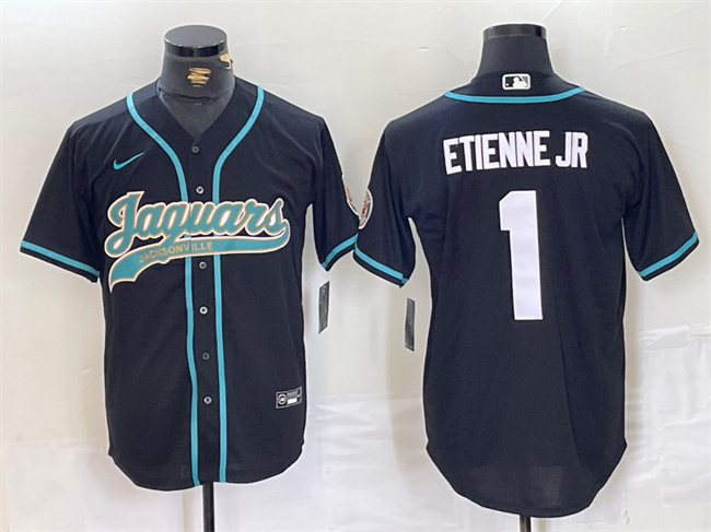 Men's Jacksonville Jaguars #1 Travis Etienne Jr. Black With Patch Cool Base Stitched Baseball Jersey Men's Jacksonville Jaguars #1 Travis Etienne Jr. Black With Patch Cool Base Stitched Baseball Jersey