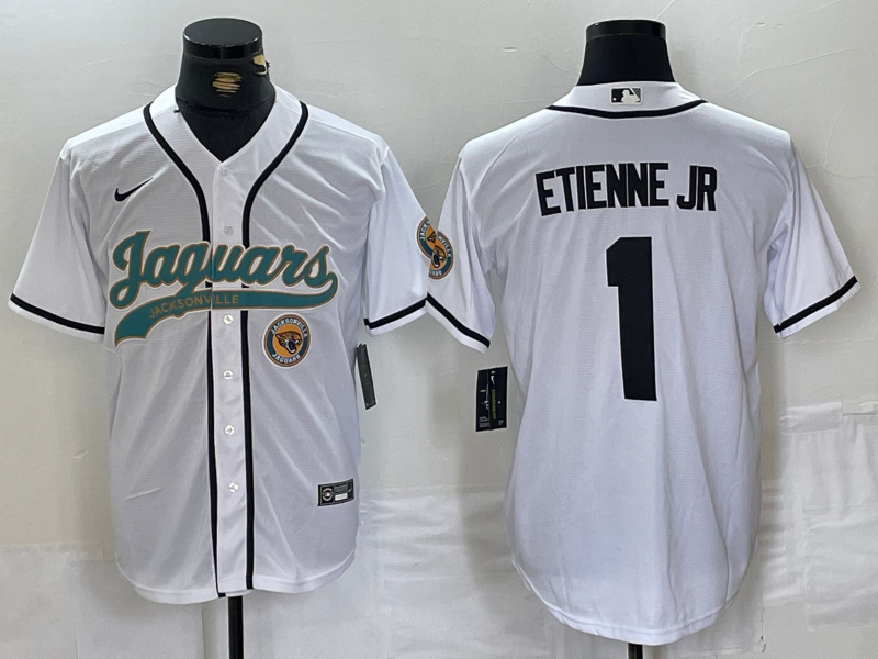 Men's Jacksonville Jaguars #1 Travis Etienne Jr. White With Patch Cool Base Stitched Baseball Jersey 1 Men's Jacksonville Jaguars #1 Travis Etienne Jr. White With Patch Cool Base Stitched Baseball Jersey 1