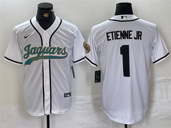 Men's Jacksonville Jaguars #1 Travis Etienne Jr. White With Patch Cool Base Stitched Baseball Jersey Men's Jacksonville Jaguars #1 Travis Etienne Jr. White With Patch Cool Base Stitched Baseball Jersey