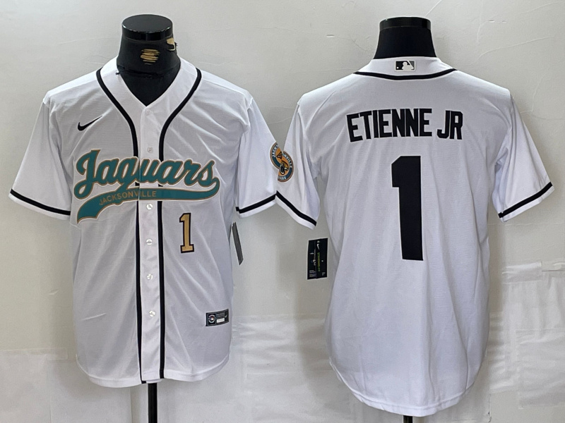 Men's Jacksonville Jaguars #1 Travis Etienne Jr. White With Patch Cool Base Stitched Baseball Jersey 2 Men's Jacksonville Jaguars #1 Travis Etienne Jr. White With Patch Cool Base Stitched Baseball Jersey 2