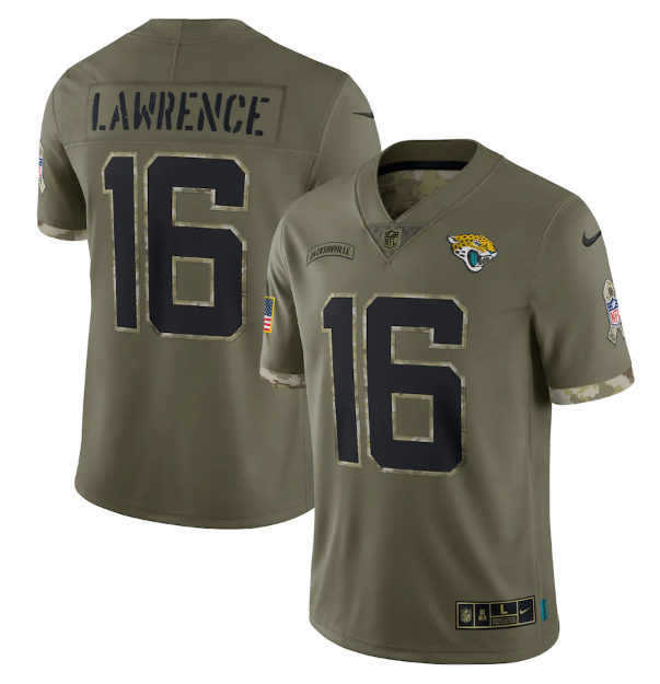Men's Jacksonville Jaguars #16 Trevor Lawrence Olive 2022 Salute To Service Limited Stitched Jersey Men's Jacksonville Jaguars #16 Trevor Lawrence Olive 2022 Salute To Service Limited Stitched Jersey