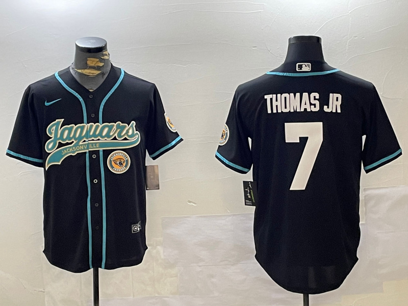 Men's Jacksonville Jaguars #7 Brian Thomas Jr Black With Patch Cool Base Stitched Baseball Jersey 2 Men's Jacksonville Jaguars #7 Brian Thomas Jr Black With Patch Cool Base Stitched Baseball Jersey 2