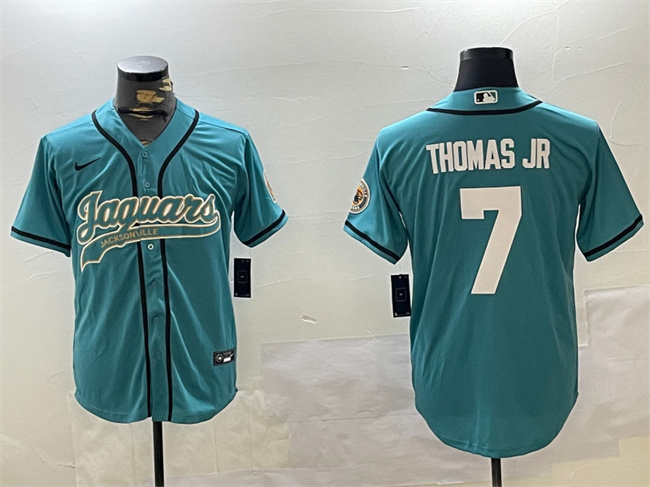 Men's Jacksonville Jaguars #7 Brian Thomas Jr Teal With Patch Cool Base Stitched Baseball Jersey Men's Jacksonville Jaguars #7 Brian Thomas Jr Teal With Patch Cool Base Stitched Baseball Jersey