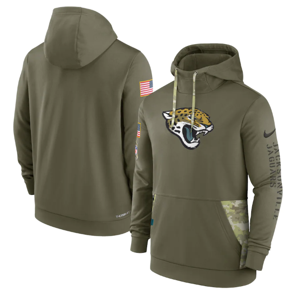 Men's Jacksonville Jaguars 2022 Olive Salute To Service Therma Performance Pullover Hoodie