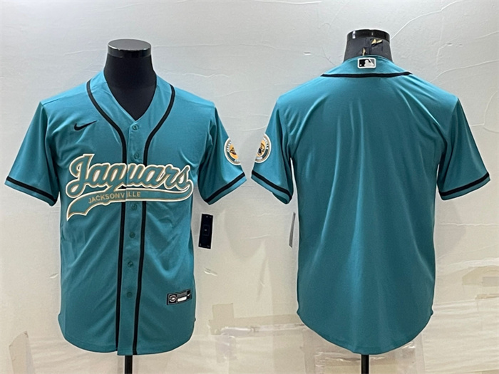 Men's Jacksonville Jaguars Blank Teal With Patch Cool Base Stitched Baseball Jersey Men's Jacksonville Jaguars Blank Teal With Patch Cool Base Stitched Baseball Jersey
