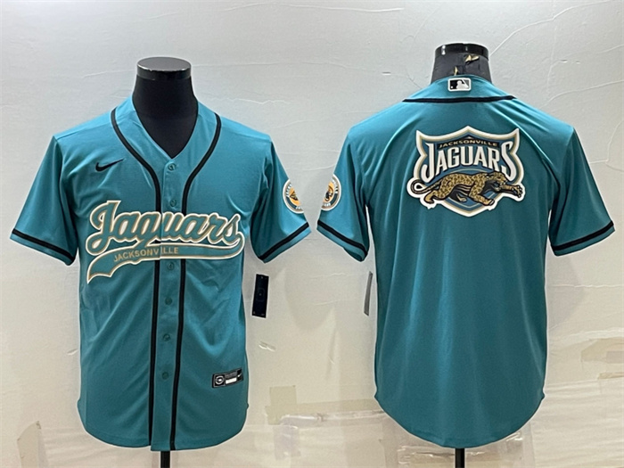 Men's Jacksonville Jaguars Teal Team Big Logo With Patch Cool Base Stitched Baseball Jersey Men's Jacksonville Jaguars Teal Team Big Logo With Patch Cool Base Stitched Baseball Jersey