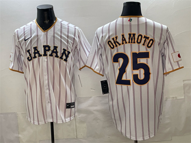 Men's Japan Baseball #25 Kazuma Okamoto White 2026 World Baseball Classic Home Stadium Stitched Jersey