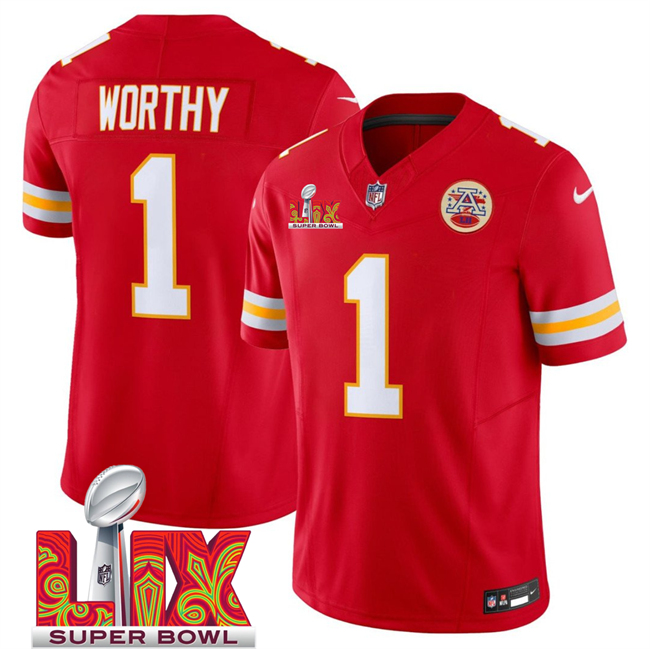 Men's Kansas City Chiefs #1 Xavier Worthy Red 2025 Super Bowl LIX Patch F.U.S.E. Vapor Limited Stitched Football Jersey Men's Kansas City Chiefs #1 Xavier Worthy Red 2025 Super Bowl LIX Patch F.U.S.E. Vapor Limited Stitched Football Jersey