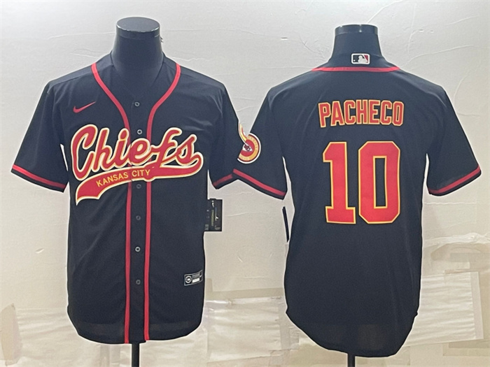Men's Kansas City Chiefs #10 Isiah Pacheco Black With Patch Cool Base Stitched Baseball Jerseys Men's Kansas City Chiefs #10 Isiah Pacheco Black With Patch Cool Base Stitched Baseball Jerseys