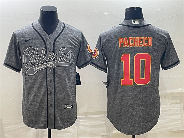 Men's Kansas City Chiefs #10 Isiah Pacheco Grey With Patch Cool Base Stitched Baseball Jersey Men's Kansas City Chiefs #10 Isiah Pacheco Grey With Patch Cool Base Stitched Baseball Jersey