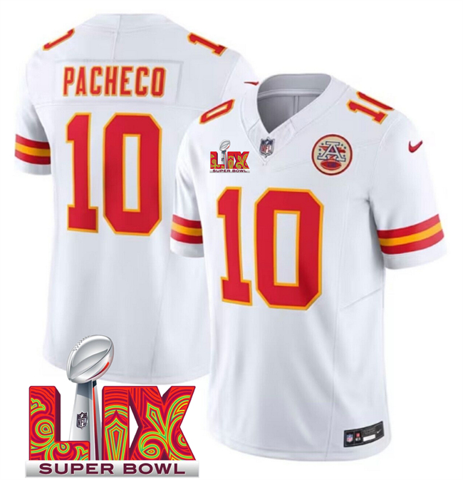 Men's Kansas City Chiefs #10 Isiah Pacheco White 2025 Super Bowl LIX Patch F.U.S.E. Vapor Limited Stitched Football Jersey Men's Kansas City Chiefs #10 Isiah Pacheco White 2025 Super Bowl LIX Patch F.U.S.E. Vapor Limited Stitched Football Jersey