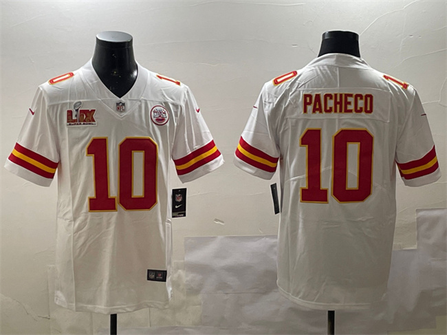 Men's Kansas City Chiefs #10 Isiah Pacheco White 2025 Super Bowl LIX Patch Vapor Untouchable Limited Stitched Football Jersey Men's Kansas City Chiefs #10 Isiah Pacheco White 2025 Super Bowl LIX Patch Vapor Untouchable Limited Stitched Football Jersey