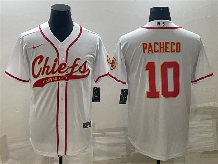 Men's Kansas City Chiefs #10 Isiah Pacheco White With Patch Cool Base Stitched Baseball Jersey Men's Kansas City Chiefs #10 Isiah Pacheco White With Patch Cool Base Stitched Baseball Jersey