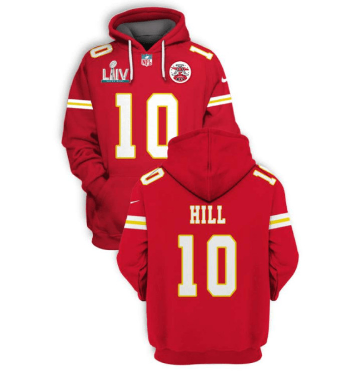 Men's Kansas City Chiefs #10 Tyreek Hill Red 2021 Super Bowl LIV Pullover Hoodie Men's Kansas City Chiefs #10 Tyreek Hill Red 2021 Super Bowl LIV Pullover Hoodie