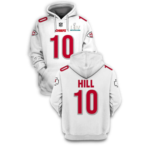 Men's Kansas City Chiefs #10 Tyreek Hill White 2021 Super Bowl LIV Pullover Hoodie Men's Kansas City Chiefs #10 Tyreek Hill White 2021 Super Bowl LIV Pullover Hoodie