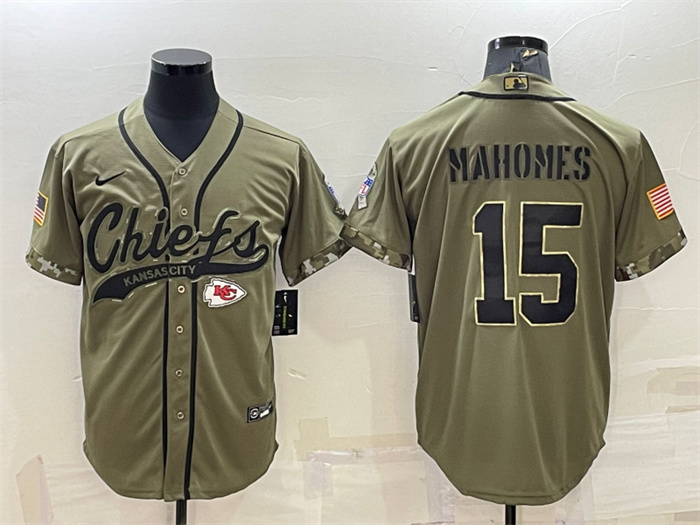 Men's Kansas City Chiefs #15 Patrick Mahomes 2022 Olive Salute To Service Cool Base Stitched Baseball Jersey