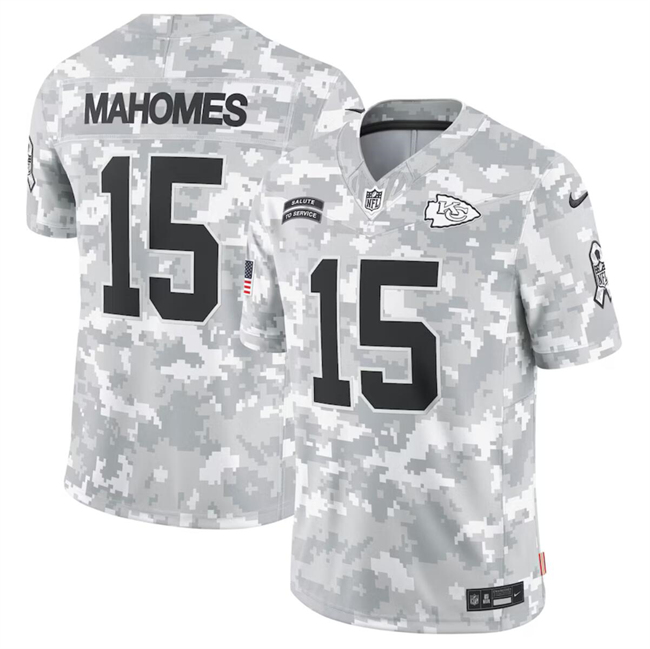Men's Kansas City Chiefs #15 Patrick Mahomes 2024 Arctic Camo Salute To Service Limited Stitched Football Jersey Men's Kansas City Chiefs #15 Patrick Mahomes 2024 Arctic Camo Salute To Service Limited Stitched Football Jersey