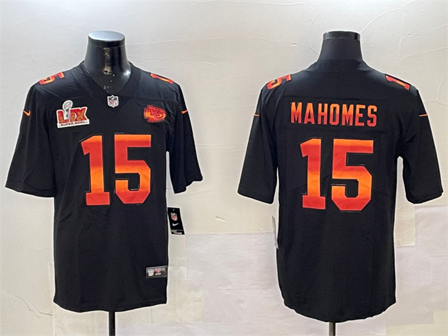 Men's Kansas City Chiefs #15 Patrick Mahomes Black 2025 Super Bowl LIX Patch Fashion Vapor Limited Stitched Football Jersey Men's Kansas City Chiefs #15 Patrick Mahomes Black 2025 Super Bowl LIX Patch Fashion Vapor Limited Stitched Football Jersey